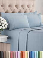 Full 6 Piece Sheet Set - Comfy Breathable & Cooling - Soft Hotel Luxury Bedding Set with 8-16 Inch Deep Pockets - 1 Flat & 1 Fitted Sheet & 4 Pillowcases - Wrinkle Free & Easy Care - Heathered Blue