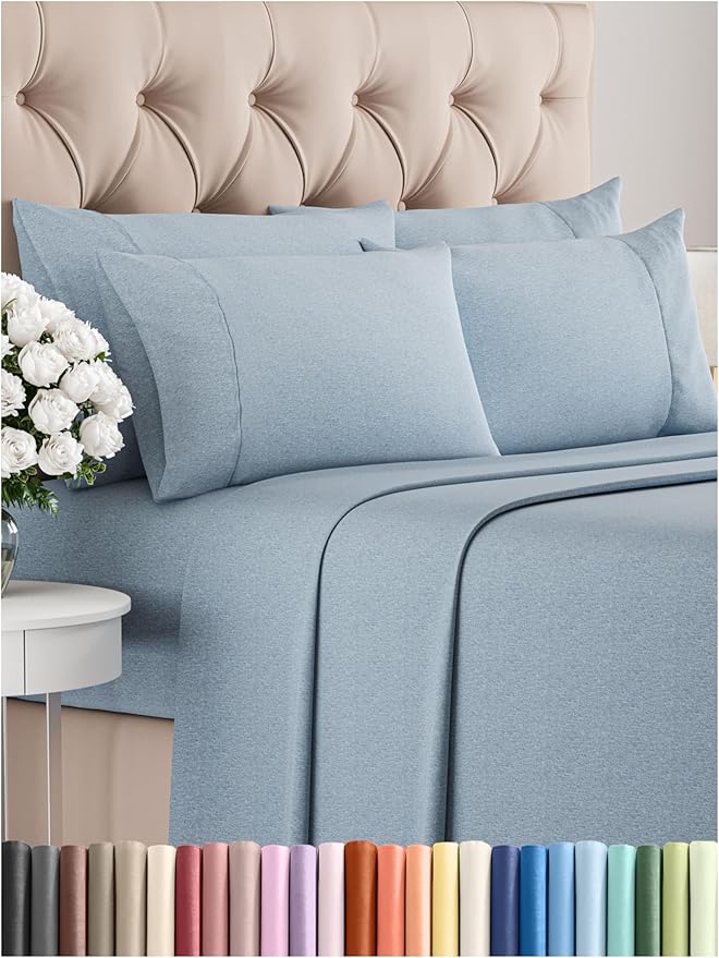 King 6 Piece Sheet Set - Comfy Breathable & Cooling - Soft Hotel Luxury Bedding Set with 8-16 Inch Deep Pockets - 1 Flat & 1 Fitted Sheet & 4 Pillowcases - Wrinkle Free & Easy Care - Heathered Blue