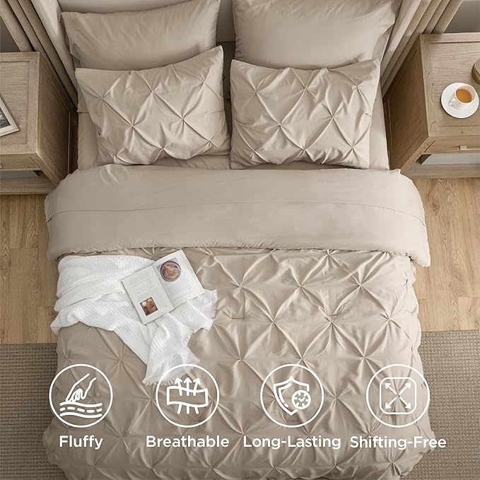 Bedsure Oversized King Comforter Set Beige - Bed in a Bag Bedding Set 7 Pieces, GentleSoft™ Pintuck Bed Set Gift for Family, Pinch Pleat Beige Comforter with Sheets, Pillowcases & Shams