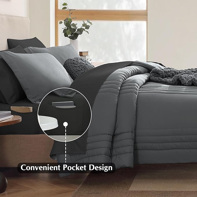Monbix Twin XL Size Comforter Set - Extra Long 5 Pieces Dorm Bedding Sets, Quilting Design Fluffy Bed in a Bag Twin XL with Sheets, Pillowcase & Sham(Grey)
