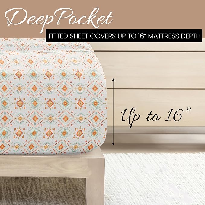 Linen Market Double-Brushed Patterned Microfiber California King Sheet Set 4 Piece – Oeko-TEX Certified Ultra Soft & Wrinkle-Free - 16" Deep Pocket Sheets Easy Care Cal-King Size - Aztec Dreams Coral