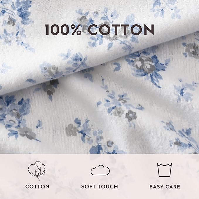 Laura Ashley - Flannel Sheets Full Size, Anti-Pilling & Wrinkle Resistant Cotton, Touchably Soft for All-Season Comfort - Bed Sheets with Matching Pillowcases & Fitted Sheet (Audrey Blue)