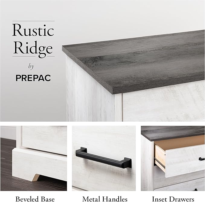 Prepac Rustic Ridge Farmhouse 3-Drawer Nightstand, Chest of Drawers for Bedroom, Wooden Bedroom Dresser with 3 Storage Drawers, 16.25in x 27.5in x 26.75in, Washed White