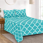 Mejoroom Full Bed Sheet Set - Super Soft Brushed Microfiber 1800 Thread Count Sheets with 16 inch Deep Pocket - Wrinkle Free - 4 Piece(Full, Aqua Quatrefoil with White Pattern)