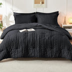 HYMOKEGE Black Twin Comforter Set Seersucker 5 Pieces, All Season Luxury Bed in a Bag for Bedroom, Bedding Set with Comforters, Sheets, Pillowcase & Sham