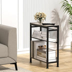 Small Side Table Set of 2 for Small Space, 3-Tier Narrow End Table with Magazine Holder, Slim Nightstand, Skinny Snack Couch Table in Living Room, Bedroom, Kitchen and Balcony (Greige)