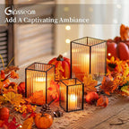 Glasseam Glass Hurricane Candle Holder: Square Black Candle Holders Set of 3 Metal Ribbed Pillar Candle Holder for Table Centerpiece Modern Small Lanterns Decorative Indoor Christmas Halloween Decor