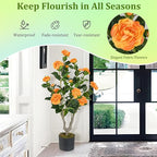 GOFLAME 3FT Artificial Camellia Tree, Faux Camellia Plant with Orange Flowers, Solid Wood Trunk, Realistic Moss, Greenery Potted Decoration Tree for Indoor Outdoor Home Porch Front Door