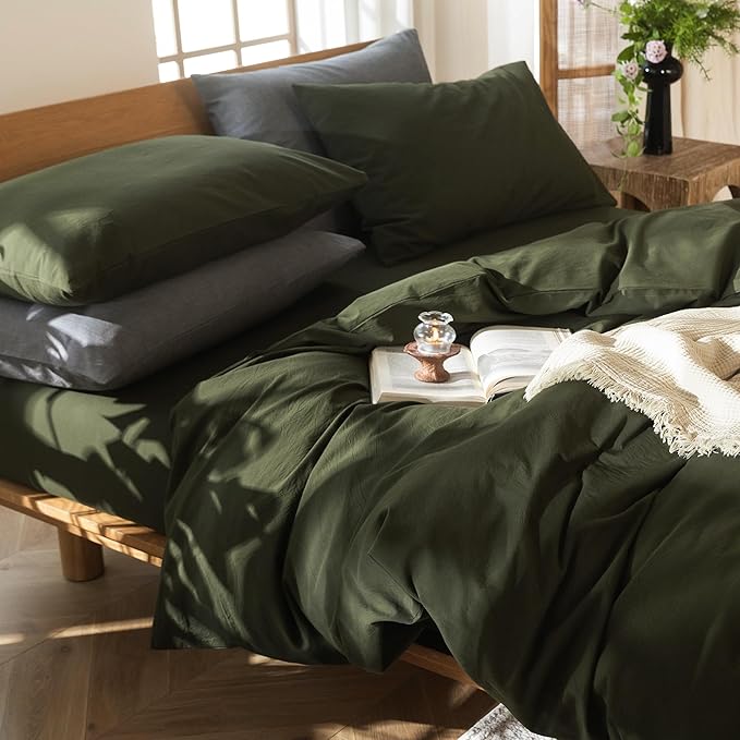 MooMee Bedding Duvet Cover Set 100% Washed Cotton Linen Like Textured Breathable Durable Soft Comfy (Solid Olive Green, Super King Plus 120"x120")