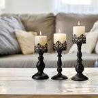 Vintage Pillar Candle Holders for Table Centerpiece Set of 3-11'' 9'' 8'' - Matte Black Metal Candle Stands Decorative - Candle Centerpiece for Table Fireplace Decor - Gothic Candle Holder