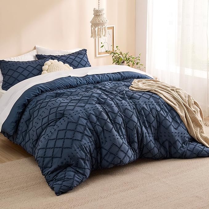 Bedsure Queen Comforter Set - Navy Blue Comforter, Boho Tufted Shabby Chic Bedding for Kids, 3 Pieces Vintage Farmhouse Bed Set for All Seasons, Fluffy Soft Bedding with 2 Pillow Shams