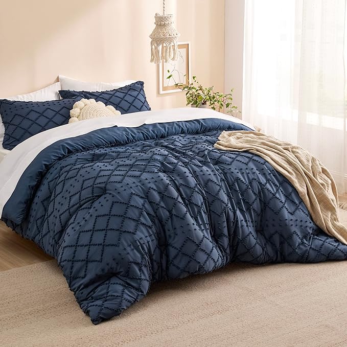 Bedsure Full Comforter Set - Navy Blue Comforter, Boho Tufted Shabby Chic Bedding for Kids, 3 Pieces Vintage Farmhouse Bed Set for All Seasons, Fluffy Soft Bedding with 2 Pillow Shams