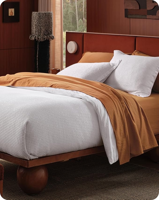 Bedsure Cotton Duvet Cover Set - 100% Cotton Waffle Weave Bright White Duvet Cover California King Size, GentleSoft™ and Breathable Cal King Bedding Set for All Season, 3 Pieces, 104"x98"