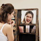 SONGMICS 360° Swivel Jewelry Cabinet, Lockable Jewelry Organizer with Full-Length Mirror, Rear Storage Shelves, Interior Mirror, Jewelry Armoire, Christmas Gifts for Women, Rustic Brown UJJC006X01