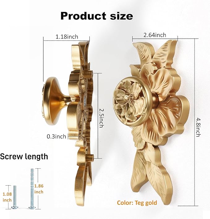 Flower Cabinet Pulls Handle Knob Drawer for Kitchen Dresser Wardrobe Bathroom and Cupboard 2 1/2 Hole to Hole Hardware Knob Easy Installation Pack of 4 Champagne Bronze with Backplate
