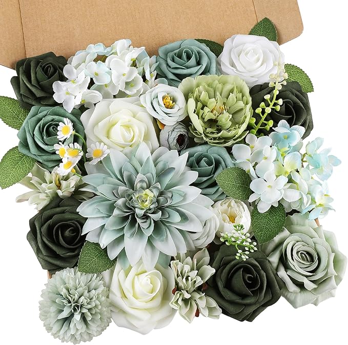 AmyHomie Forest Sage Green White Artificial Flowers Combo Silk Rose Fake Flowers w/Stem for DIY Wedding Bouquets Centerpieces Arrangements Table Fall Decor Party Bridal Baby Shower Home Decorations