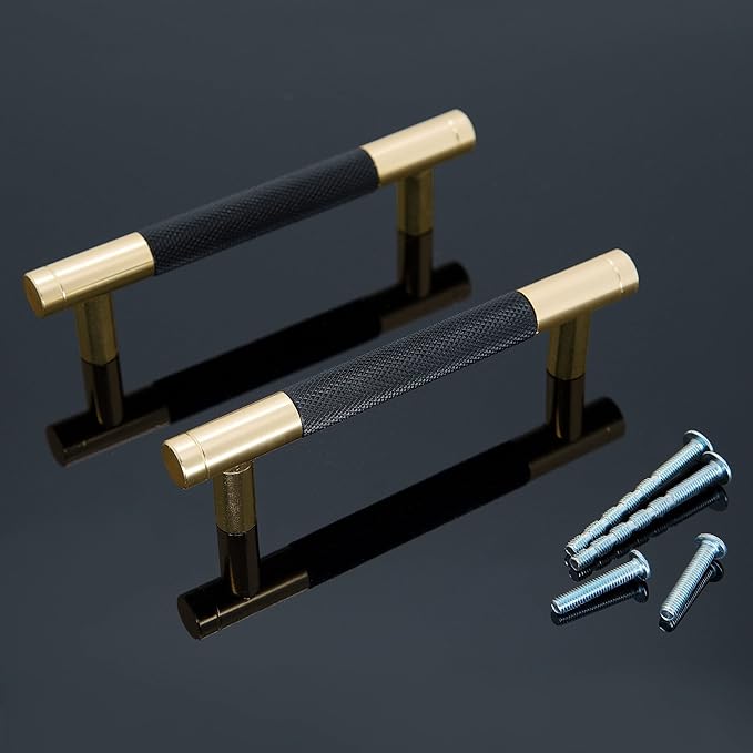 Knurled Cabinet Pulls 6 Pack, 5 Inch Long Cabinet Handles Metal Door Pulls, Kitchen Drawer Pull Knurled Dresser Handles - 3 3/4" Hole to Hole, Black & Gold