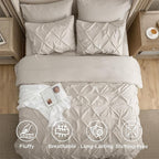 Bedsure Queen Comforter Set Linen - Bed in a Bag Queen Size Bedding 7 Pieces, GentleSoft™ Pintuck Bed Set Gift for Family, Pinch Pleat All Season Comforter with Sheets, Pillowcases & Shams