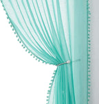 Treatmentex Pompom Sheer Curtains for Kids-Room 72" Aqua-Blue Slub Textured Window Sheer Panels for Bedroom Living Room 52" Wide, 2 Panels Rod Pocket