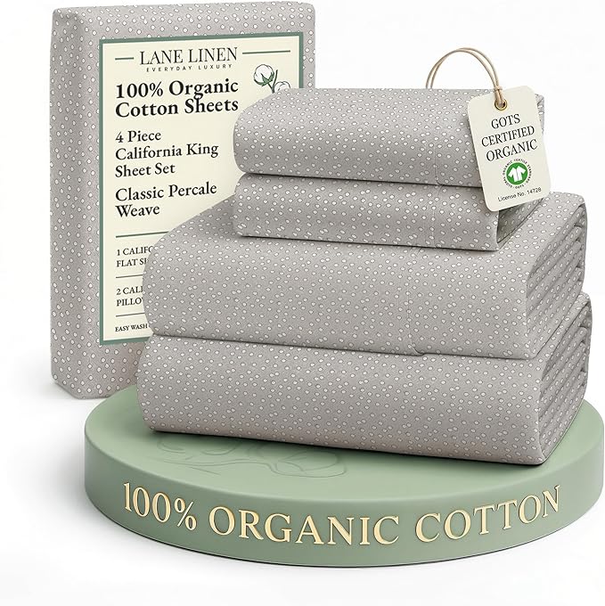 LANE LINEN 100% Organic Cotton Sheets California King Size, Low Pilling Fade Resistant Naturally Cooling Cal King Bedding Set, Soft & Comfy Sustainably Produced Printed Cotton Sheets - Snowdrop