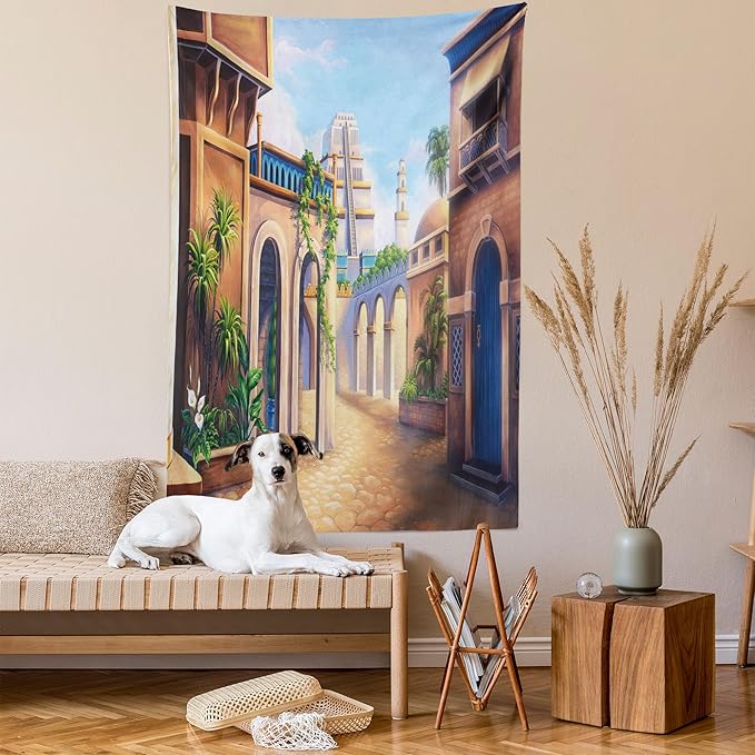 Lunarable City Tapestry Queen Size, Babylon City Gardens Architecture 7 Wonders of the World, Wall Hanging Bedspread Bed Cover Wall Decor, 88" X 88", Caramel Green