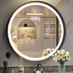 Hasipu 32 Inch Round LED Mirror for Bathroom with Lights, Black Circle Vanity Mirror for Wall, Metal Framed Frontlit Bathroom Mirrors Anti-Fog, Dimmable, 3 Colors Lighted Makeup Mirror Wall Mounted