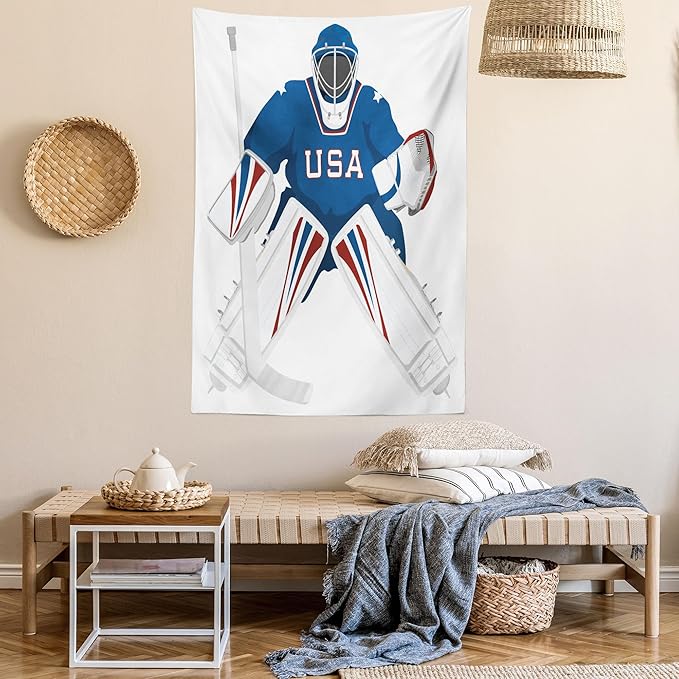 Ambesonne Sports Tapestry, USA Hockey Goalie Protection Jersey Sport Wear Activity Hobby Illustration, Wall Hanging for Bedroom Living Room Dorm Decor, 40" X 60", Burgundy White