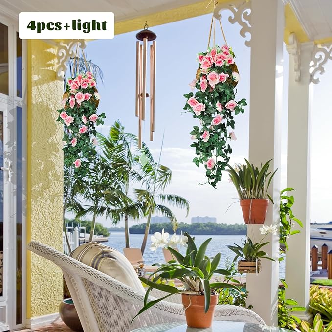 RECUTMS 2pcs Artificial Hanging Plants 32 in Fake Plant Ivy Vine Outdoor UV Resistant Plastic (Champagne)