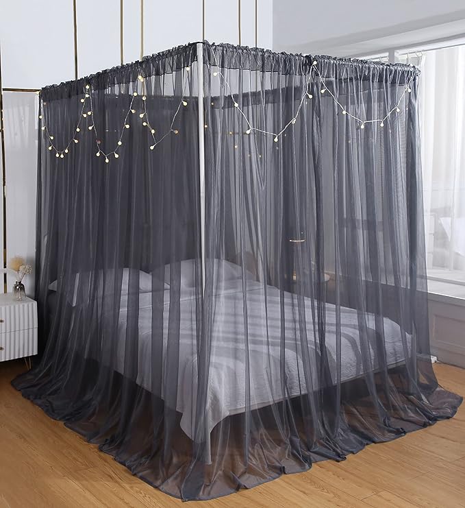 Akiky Canopy Bed Curtains Bed Canopy for Girls Room Elegant Sheer Curtain for Twin Full Queen Size Bed Drapes,8 Panels Canopies with Light,Room Décor(Full/Queen, Gray Canopy)