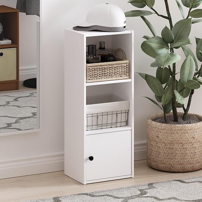 Furinno LUDER Book Shelf, 3-Tier Modern Bookshelf, Bookcase with 1 Door Storage Cabinet, 9.3" x 12" x 31.5", for Living Room, Bedroom, Home Office, White