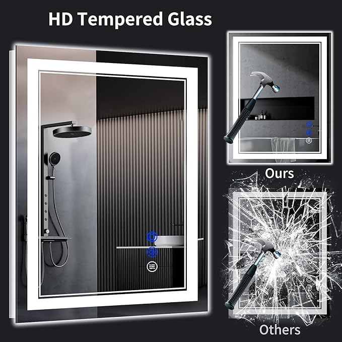 36"x28" LED Bathroom Mirror with Anti-Fog, Stepless Dimmable Lights, 3 Color Modes, Shatter-Proof Tempered Glass, Memory Function & Waterproof Design