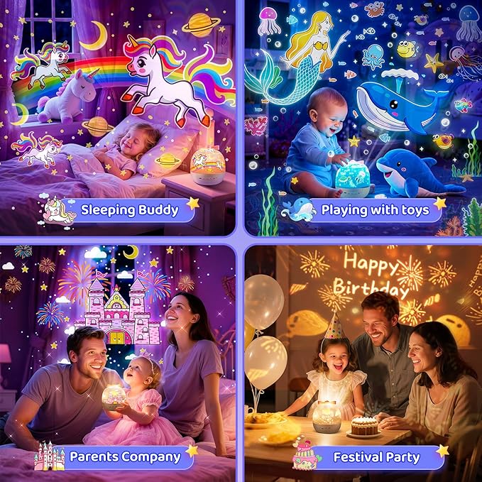 PIKOY Unicorn Toys for Girls Gifts, 15 Films+15 Lullaby Sound Machine for Kids Night Light Projector, Remote+Rechargeable Night Light for Kids Gifts, 360 °Rotation Princess Mermaid Toddler Girl Toys