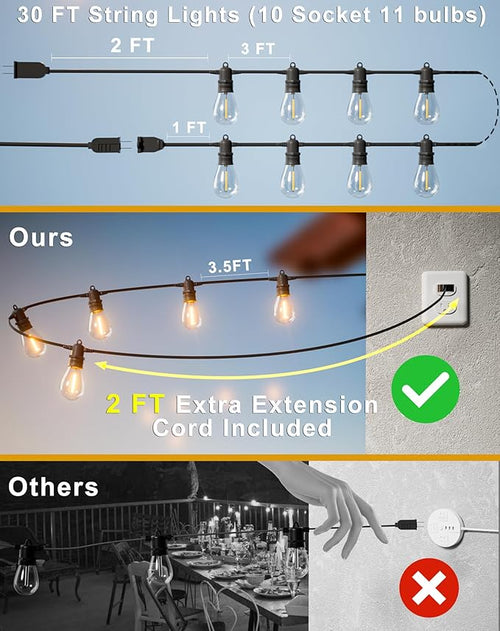30FT LED Outdoor String Lights with 10+1 Edison Shatterproof IP65 Waterproof Bulbs, 2700K Dimmable Commercial Grade Patio Lights, Heavy Duty Outside Hanging Lights for Garden Porch Decor