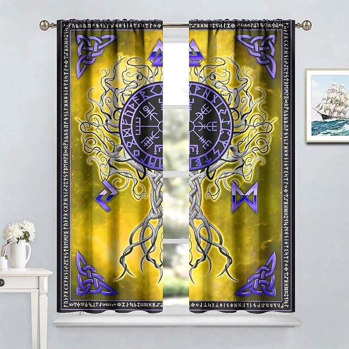 Viking Blackout Curtains Scandinavian Pirate Totem Mythology Golden Tree of Life Printed Curtain Bedroom and Living Room Decoration Blackout Curtains W42 * L63 Inch