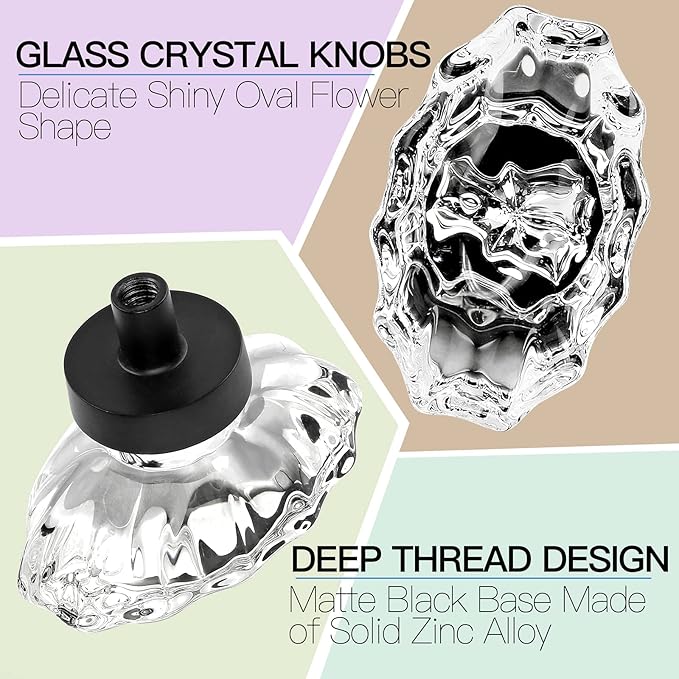 5pcs Glass Cabinet Knobs, Oval Crystal Drawer Knobs, Vintage Crystal Drawer Pulls for Modern Dresser Cabinets and Cupboards