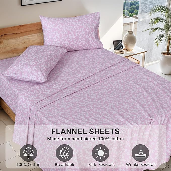 RUVANTI Flannel Sheets Twin XL Size - 100% Cotton Double Brushed Twin XL Sheet Sets, Deep Pockets 16 Inches, All Seasons Breathable & Extra Soft Bed Sheets, Warm & Cozy, 3 Piece, Pink Flora