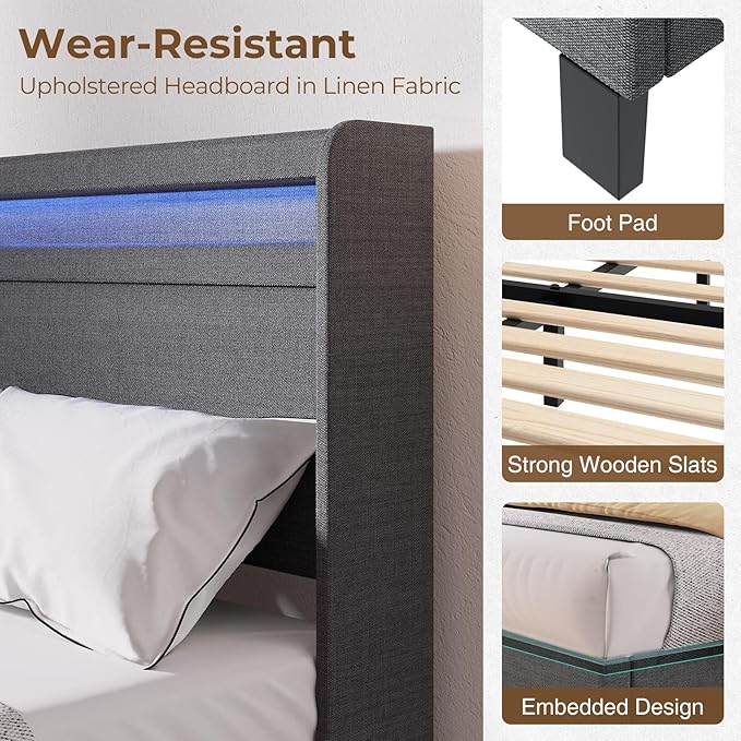 Rolanstar Bed Frame Queen Size with LED Lights and Charging Station, Upholstered Bed with Motion Activated Night Light and Wood Slats, Dark Grey