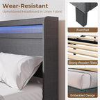 Rolanstar Bed Frame Queen Size with LED Lights and Charging Station, Upholstered Bed with Motion Activated Night Light and Wood Slats, Dark Grey