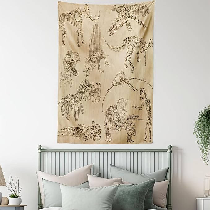 Lunarable Dinosaur Tapestry Twin Size, Hand Drawn Style Skeletons Bones from Medieval Times Archeology Theme, Wall Hanging Bedspread Bed Cover Wall Decor, Twin Size, Sand Brown Army Green