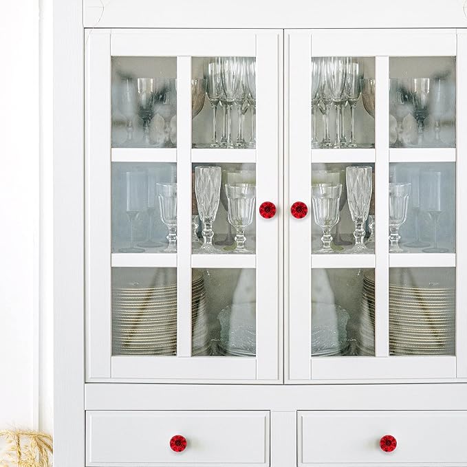 Ravinte 25 Pack Red Crystal Knobs for Dresser Drawers - 30 mm Glass Cabinet Diamond Shaped Knobs with Silver Base