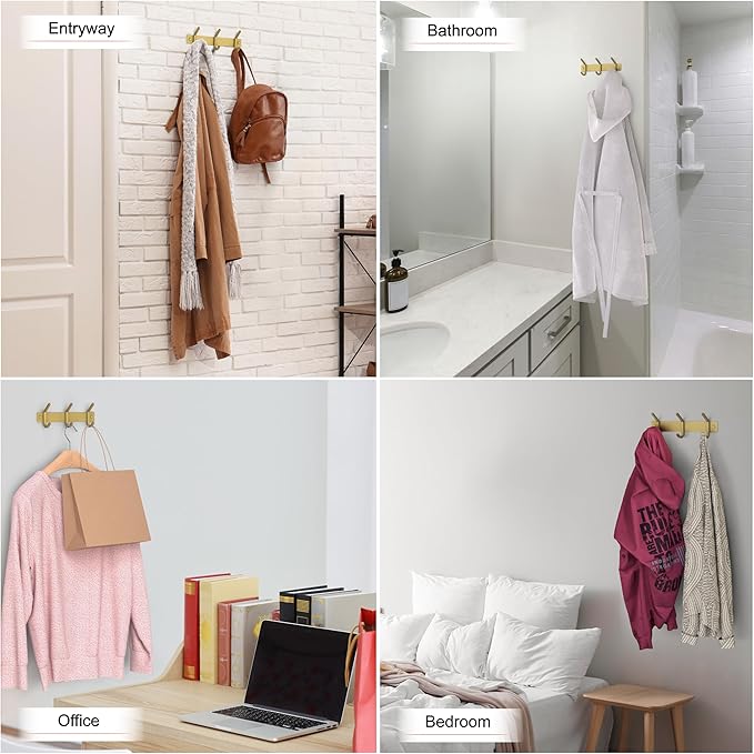 Brushed Gold Small Coat Rack Wall Mount – 9 Inch Stainless Steel Rail with 3 Double Coat Hooks for Entryway, Bathroom, Bedroom, Kitchen – Modern Gold Hook Rack for Coats, Hats, Towels