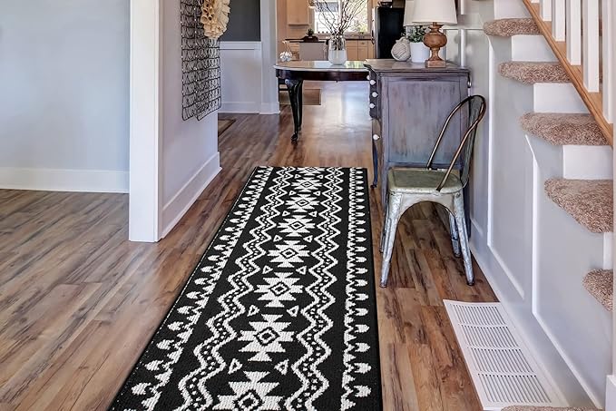 Custom Length Cut to Size Tribal Ethnic Southwestern Inspired Hallway Runner Rug, Non Slip Rubber Backed, 31 inch Wide X Customized Length, Aztec Black, 31 inch X 3 feet, Doormat Size