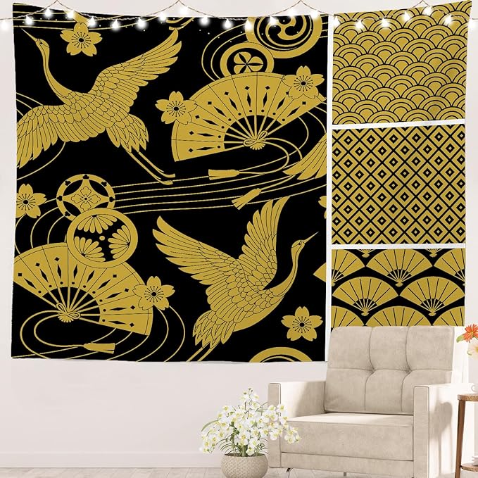 Batmerry Flower Vintage Tapestry, Oriental Japanese Pattern Ornaments Traditional Motives Kimono Wall Hanging Polyester Fiber White Ruffled Around For Dorm Room Bedroom Living Room, 30 X 40 Inches