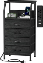 Furnulem Night Stand with Charging Station, 4 Drawer Dresser with Storage Shelf, 33.3 Inch Tall Side Table, Fabric End Table for Closet, Entryway, Bedside Furniture, 3 Ways to Use, Black Oak