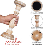 Mela Artisans Wooden Pillar Candle Holders | Tuli Design | Set of 3 Mango Wood Candlesticks | Whitewash | Sizes 6" & 9" & 12" | Decorative Centerpiece for Table | Mantel | Wedding | Living Room Decor