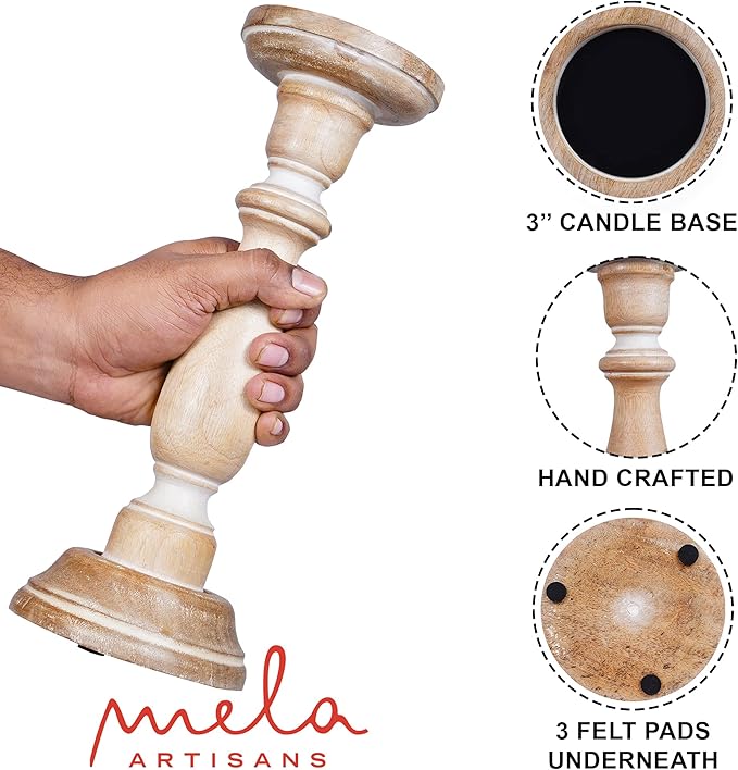 Mela Artisans Wooden Pillar Candle Holders | Tuli Design | Set of 3 Mango Wood Candlesticks | Whitewash | Sizes 6" & 9" & 12" | Decorative Centerpiece for Table | Mantel | Wedding | Living Room Decor