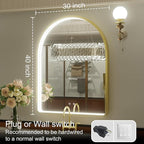 40x30 Inch Arched Gold LED Bathroom Mirror with Lights, Adjustable 3000K/4500K/6000K, Wall Mounted Framed Lighted Bathroom Vanity Mirror, Anti-Fog, Dimmable, Memory Function