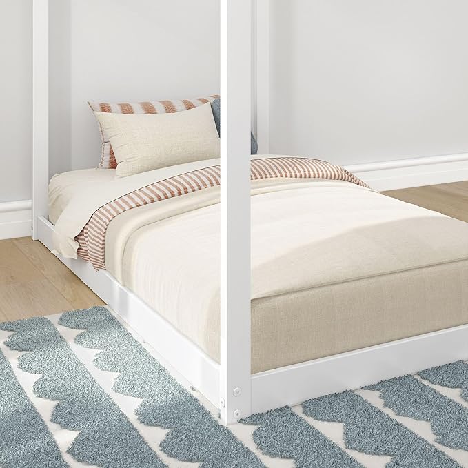 Max & Lily Twin Floor House Bed, Modern Solid Wood Low Bed Frame for Kids, Montessori Floor Bed for Bedroom, Playroom, Wooden Slats, White