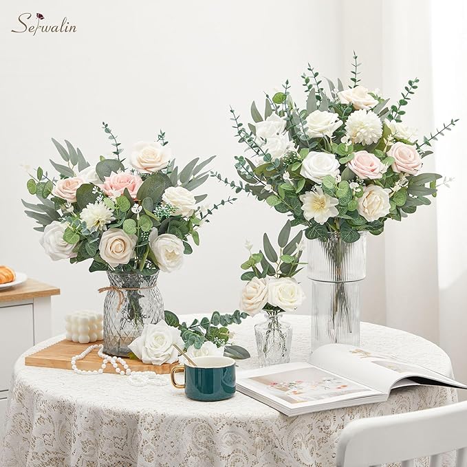 Serwalin 200pcs Artificial Mixed Eucalyptus Leaves Stems Bulk, 4Kinds Silver Dollar Eucalyptus Leaves Picks,Faux Eucalyptus Stems Sprays for DIY Bouquets Floral Arrangement Home Decor