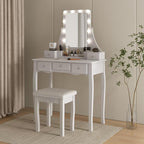 CHARMAID Vanity Desk with Mirror and Lights, Makeup Vanity Table with 5 Storage Drawers, 3 Color Lighting Modes, Adjustable Brightness, Modern Bedroom Dressing Table with Vanity Stool, White